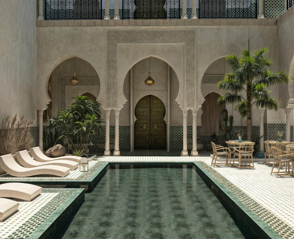 Stunning Moroccan riad features a serene pool and traditional décor in Marrakech.