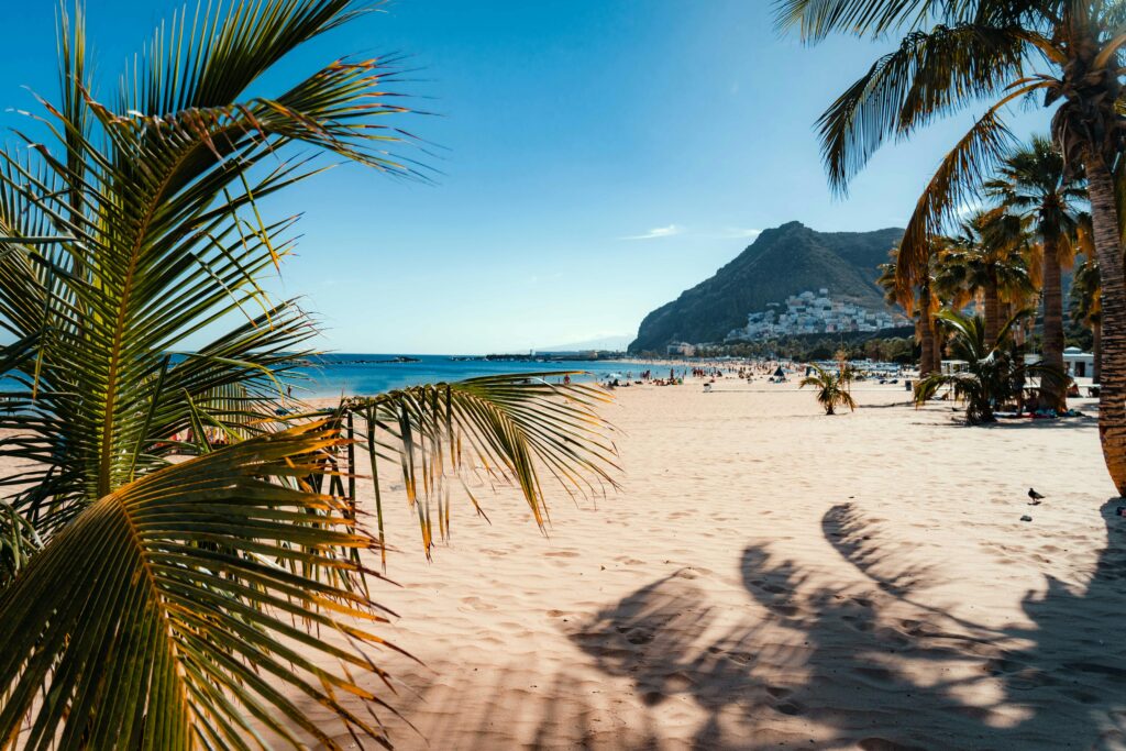 Beautiful sunny day at Playa de Las Teresitas, Tenerife, with palm trees and mountain views.